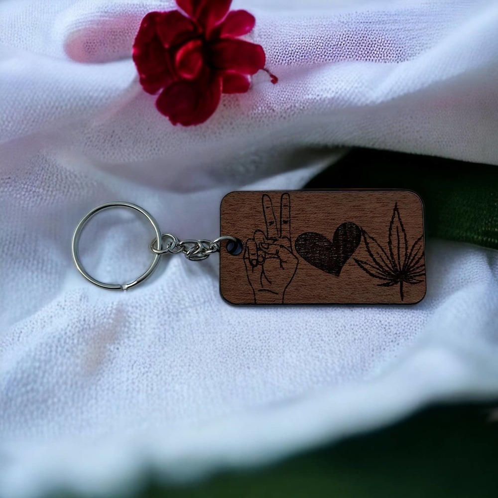 Peace Love Weed Wood Keychain